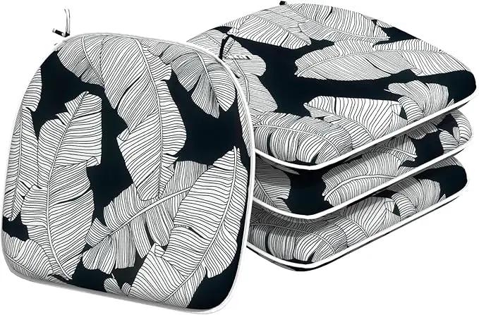 Indoor/Outdoor Chair Cushions 16x17 Inch, Patio Chair Cushions with Ties, All Weather Seat Cushions for Patio Furniture Home Garden Chair Use, Set of 4, Black Lush Leaves by GreenHaven Gardens