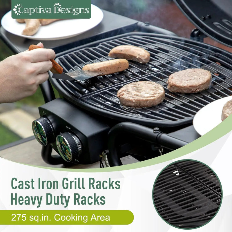Captiva Designs Portable Propane Grill, 15,000 BTU Output TableTop Liquid Gas Grill with 2 Stainless Steel Burners, 275 sq.in. Cooking Area with Side Tables by GreenHaven Gardens