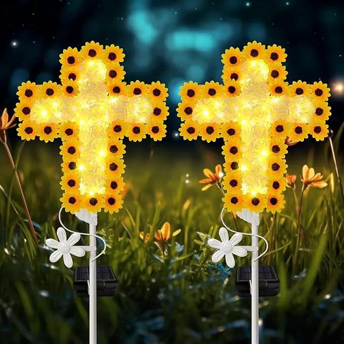 YJFWAL Solar Daisy Cross Garden Stake Lights, Yard Solar Lights Cemetery Decorations for Grave Outdoor Light Jesus Cross Sympathy Memorial Gifts for Grandmother, for Garden Yard Lawn Patio Pathway by GreenHaven Gardens