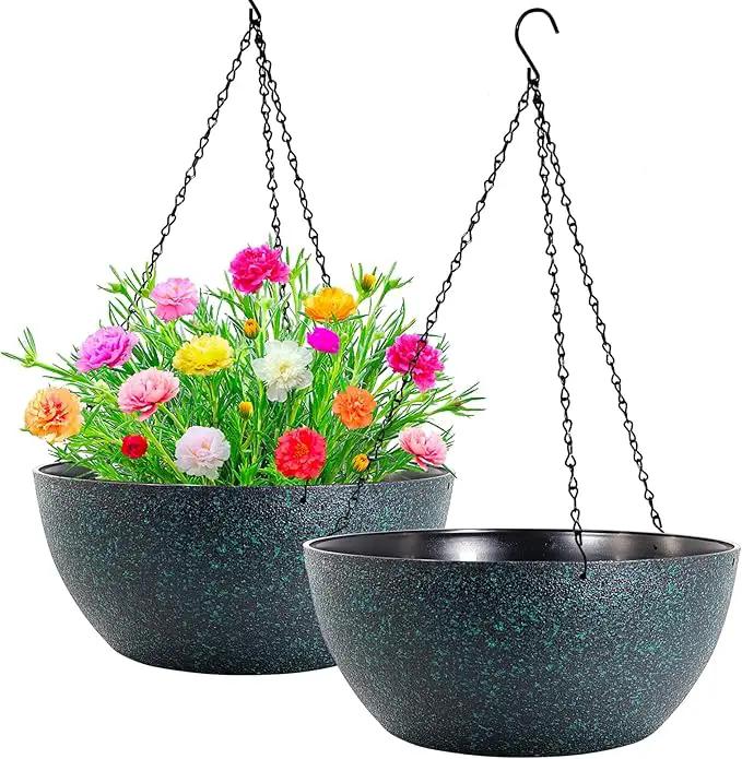 WOUSIWER 13 inch 2 Pack Large Hanging Planters for Indoor Outdoor Plants with Drainage Holes and Chain, Round Hanging Flower Pots for Garden Home Porch Decor, Black with Green Speckles by GreenHaven Gardens
