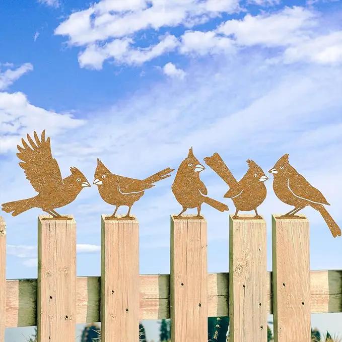 5Pcs Metal Birds Cardinal Craft Statue Ornaments Fence Topper Decor, Rusty Birds Metal Art for Fence Decorations Outdoor, Metal Bird Silhouette with Rusty Yard Art by GreenHaven Gardens