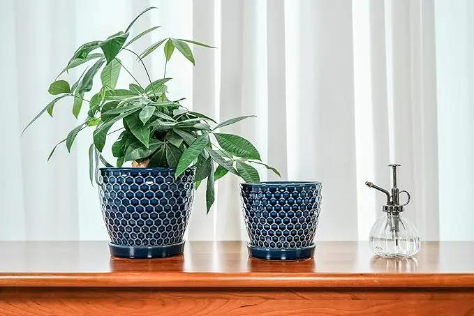 Docrin Ceramic Plant Pots Indoor: 6.6 + 5.5 Inch Planters with Drainage Holes and Saucer for Home/Office - Set of 2 /Blue Honeycomb by GreenHaven Gardens