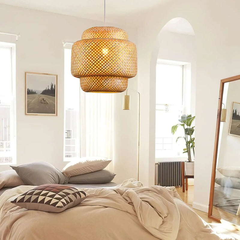 Bamboo Pendant Light - Boho Basket Chandelier Handmade Woven Pendant Light, Natural Wicker Rattan Hanging Chandelier for Kitchen Island Dining Room Living Room Porch by GreenHaven Gardens