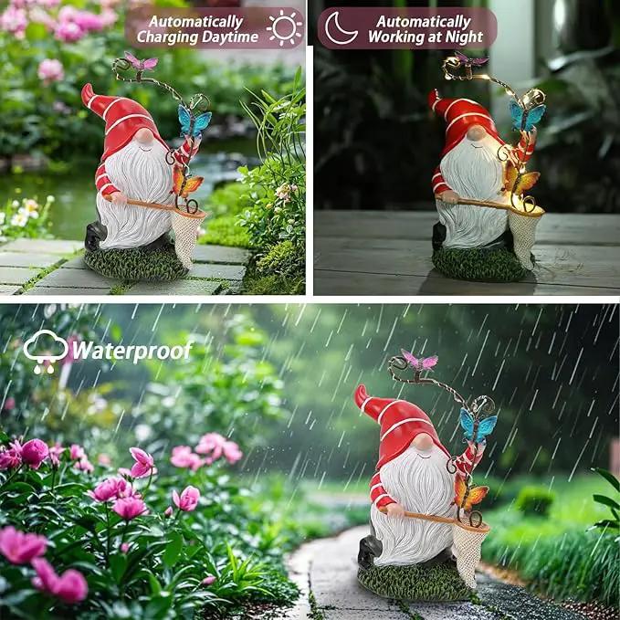 Garden Gnome Statue, Solar Funny Gnomes Figurine Catching Butterflies with LED Lights Waterproof Resin Outdoor Decor for Patio Lawn Yard Home Tabletop Decoration by GreenHaven Gardens