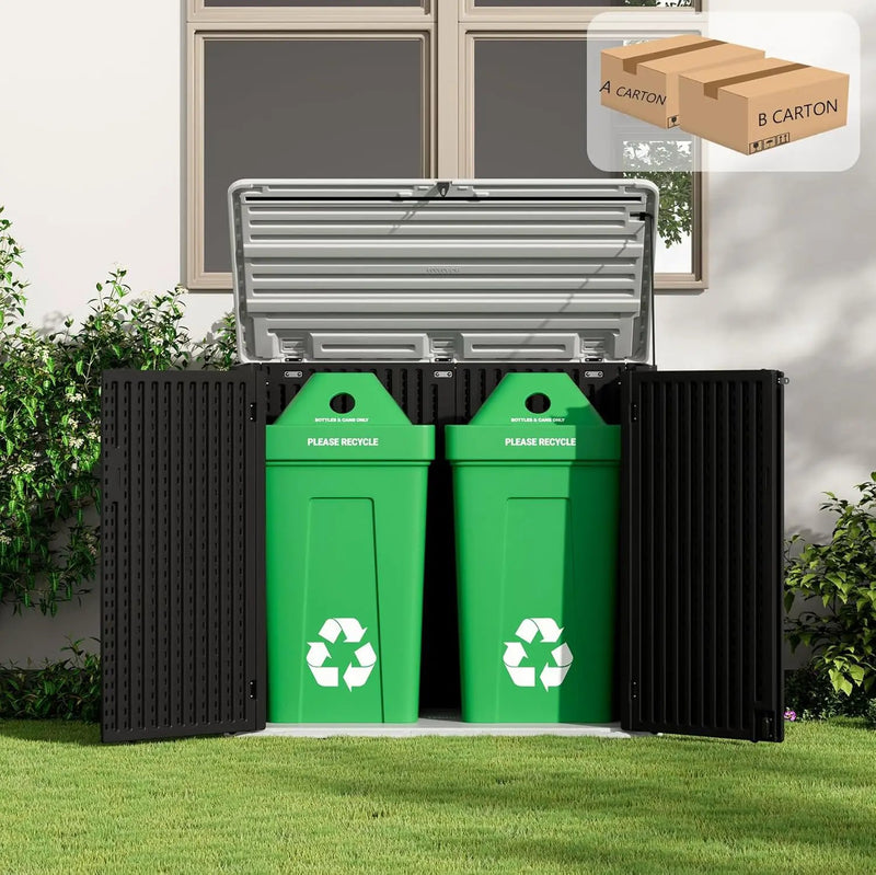 ZZM Large Outdoor Storage Shed, 48 Cu Ft Resin Versatile Storage Cabinet for Patio Accessories, Trash Cans & Garden Tools, Durable Horizontal Storage Box with Lockable Lid (Black) by GreenHaven Gardens