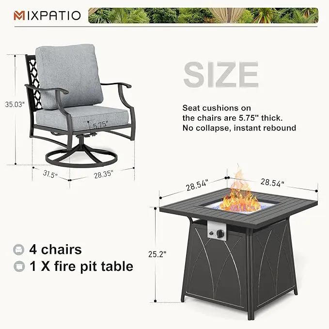 Patio Furniture Set with Fire Pit Table, 5 Pcs Metal Outdoor Conversation Set, 4 Swivel Chairs with 5.75" Extra Thick Cushion and 28" Fire Pit Table for Backyard Deck, Grey by GreenHaven Gardens
