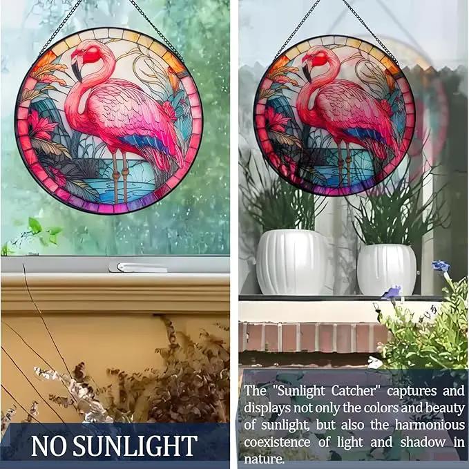 RIVEENY Flamingos Sun Catcher Stained Glass,8" Flamingos Gifts for Women,Stained Glass Window Hanging,Red Birds Sun Catchers for Windows, Hand Painted Glass for Birds Lover by GreenHaven Gardens