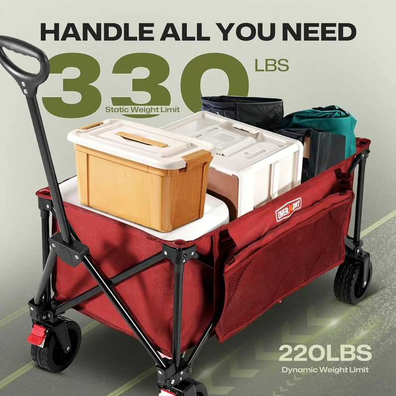 Overmont Collapsible Wagon Cart with Wheels - 180L Foldable Heavy Duty Wagon with Big All-Terrain Wheels - 330Lbs Weight Capacity with Side Pockets for Camping Sports Garden Grocery Shopping red by GreenHaven Gardens