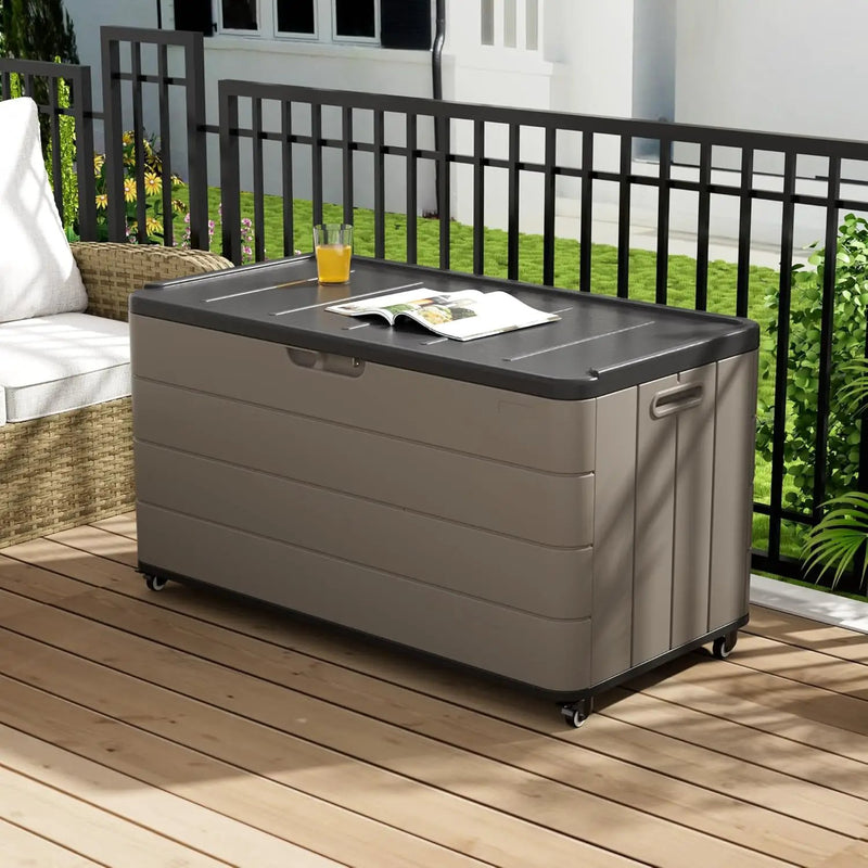 100GAL Brown Wicker-Textured Deck Box with Wheels – Lockable, Waterproof, UV-Resistant, Spacious Storage for Patio & Garden Supplies, Easy Handling by GreenHaven Gardens