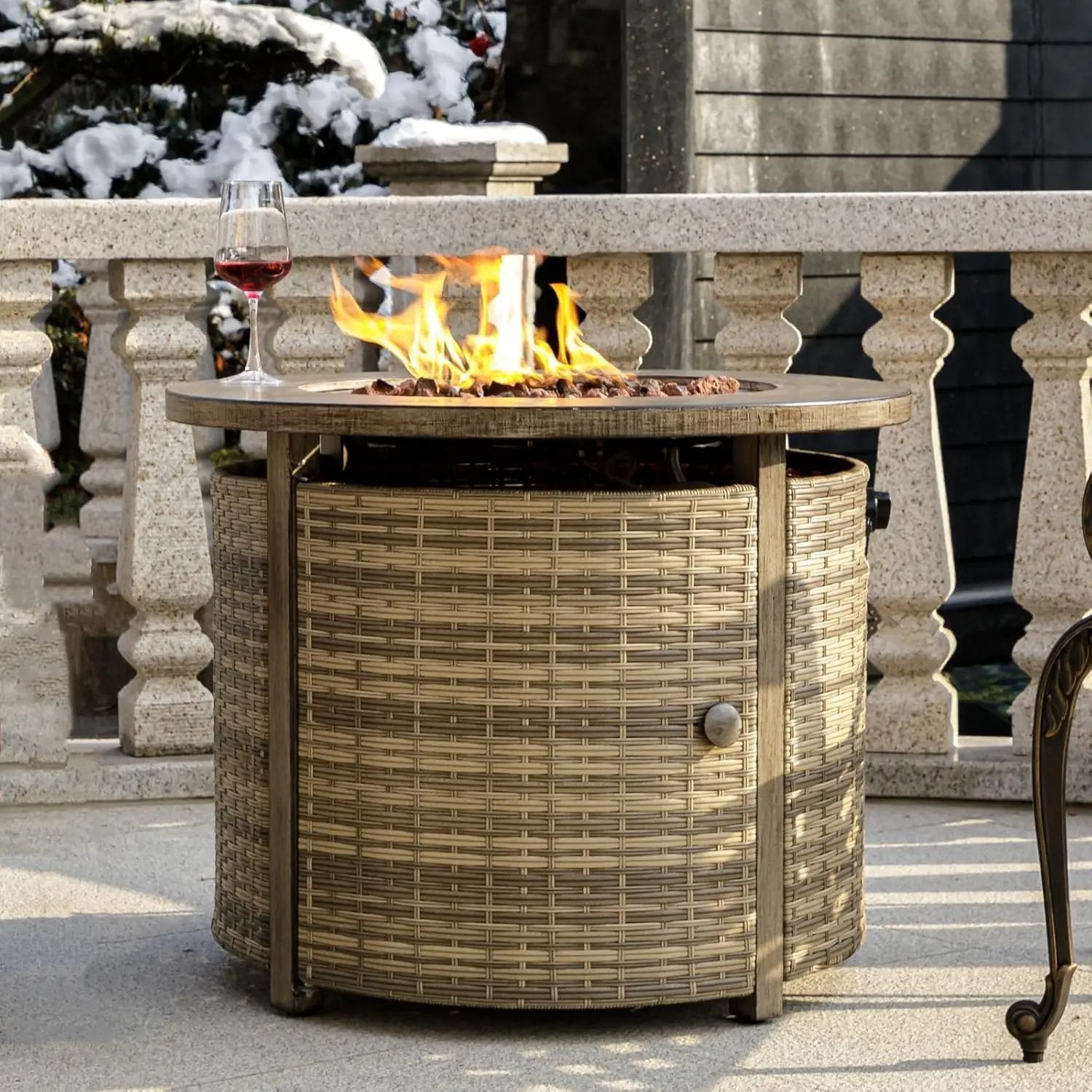 32 inch Propane Fire Pit Table,Wicker Gas Fire Pits Table with Lid & Lava Rocks, 50000 BTU Round Propane Firepit for Outside, Fire Table for Dining,Party, Patio,Yard by GreenHaven Gardens