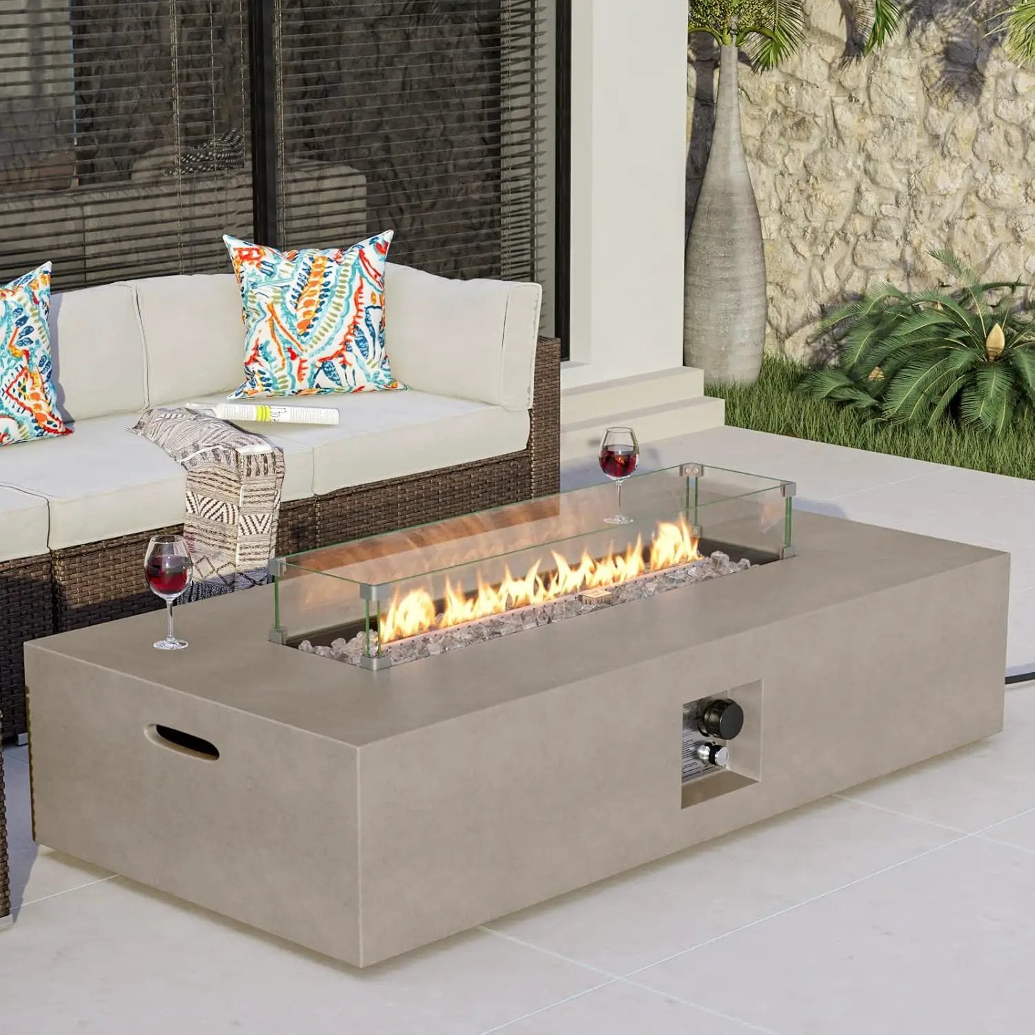 COSIEST Outdoor Propane Fire Pit Table, 56-inch x 28-inch Rectangle Gray Concrete-Like Finish, CSA Certified, 50,000 BTU Stainless Steel Burner w Transparent Gray Fire Glass, Wind Guard, Raincover by GreenHaven Gardens