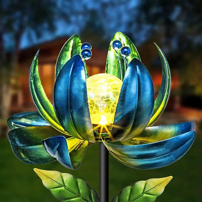 Huaxu Solar Outdoor Lights 35.4In Garden Decor Flower Wind Spinners,Waterproof LED Crackle Glass Globe Blue Lotus Art Metal Stake for Lawn Patio Pathway Yard Porch Driveway Decorations Gift by GreenHaven Gardens