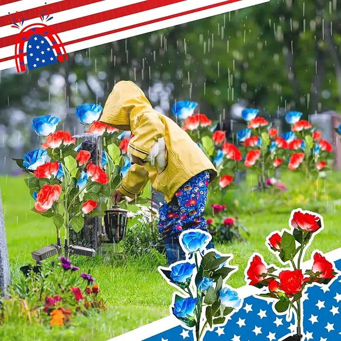 Woanger 4 Pcs Solar Flowers Cemetery Grave Decorations Outdoor LED Flower Lights with 6 Rose Powered Garden Stake Lights Waterproof for Independence Day Grave Decorations (Red, Blue) by GreenHaven Gardens