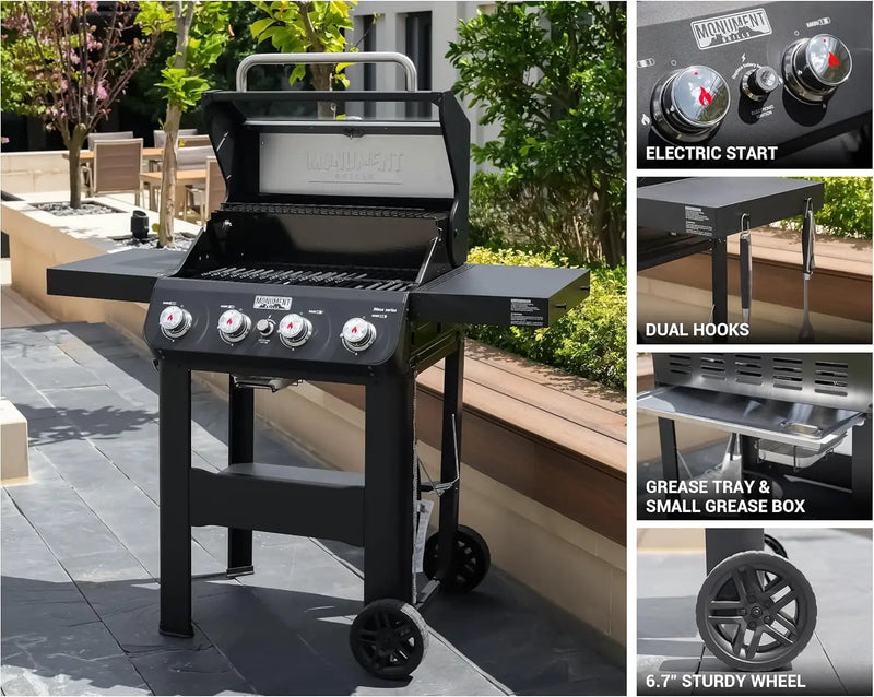 Monument Grills 4-Burner Liquid Propane Gas Grill, Matte Black Stainless Steel Burner Grill with Clearview® Lid and One Foldable Shelf for Outdoor Cooking Kitchen Patio Backyard Barbecue, Mesa420MF by GreenHaven Gardens
