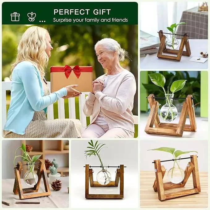 Kingbuy Plant Propagation Station Air Plant Terrarium Bulb Vase with Wooden Swivel Holder Desktop Glass Planter for Indoor Water Plants Home Office Tabletop Decor - 1 Bulb Vase by GreenHaven Gardens