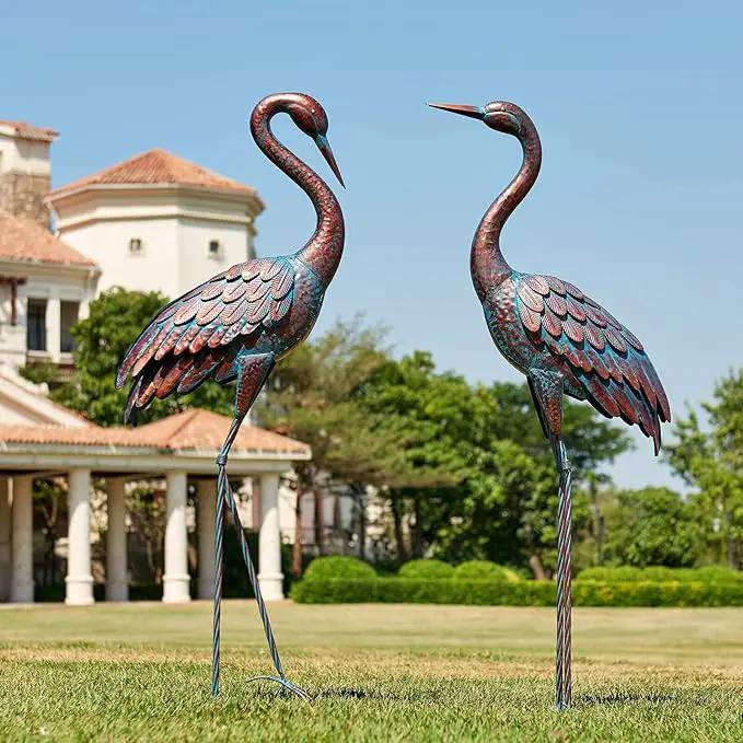 Kircust Garden Crane Statues Patina Heron Decoy, Standing Metal Crane Sculptures Bird Yard Art for Outdoor Decor, Set of 2 by GreenHaven Gardens