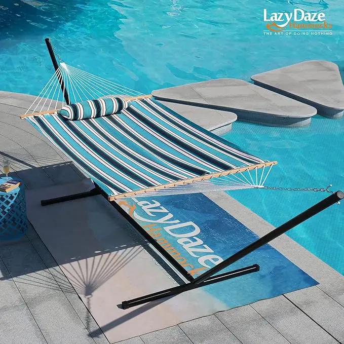 Lazy Daze 12 FT Sunbrella Fabric Hammock not Fading with Spreader Bars and Free Pillow Fits for Two Persons, All Weather and Fade Resistant for Patio Yard, 450 lbs Weight Capacity, Token Surfside by GreenHaven Gardens