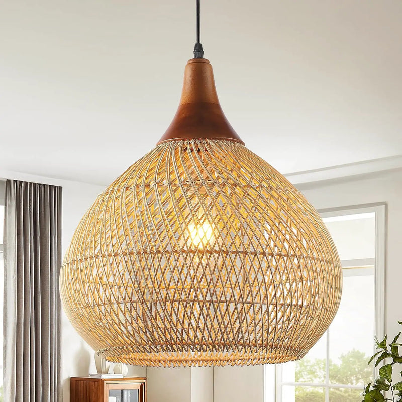 Rattan Pendant Light, 15.7" Rattan Chandelier Hand-Woven Boho Pendant Light Fixtures with Solid Wood, Basket Wicker Chandelier for Dining Room Kitchen Island Living Room by GreenHaven Gardens