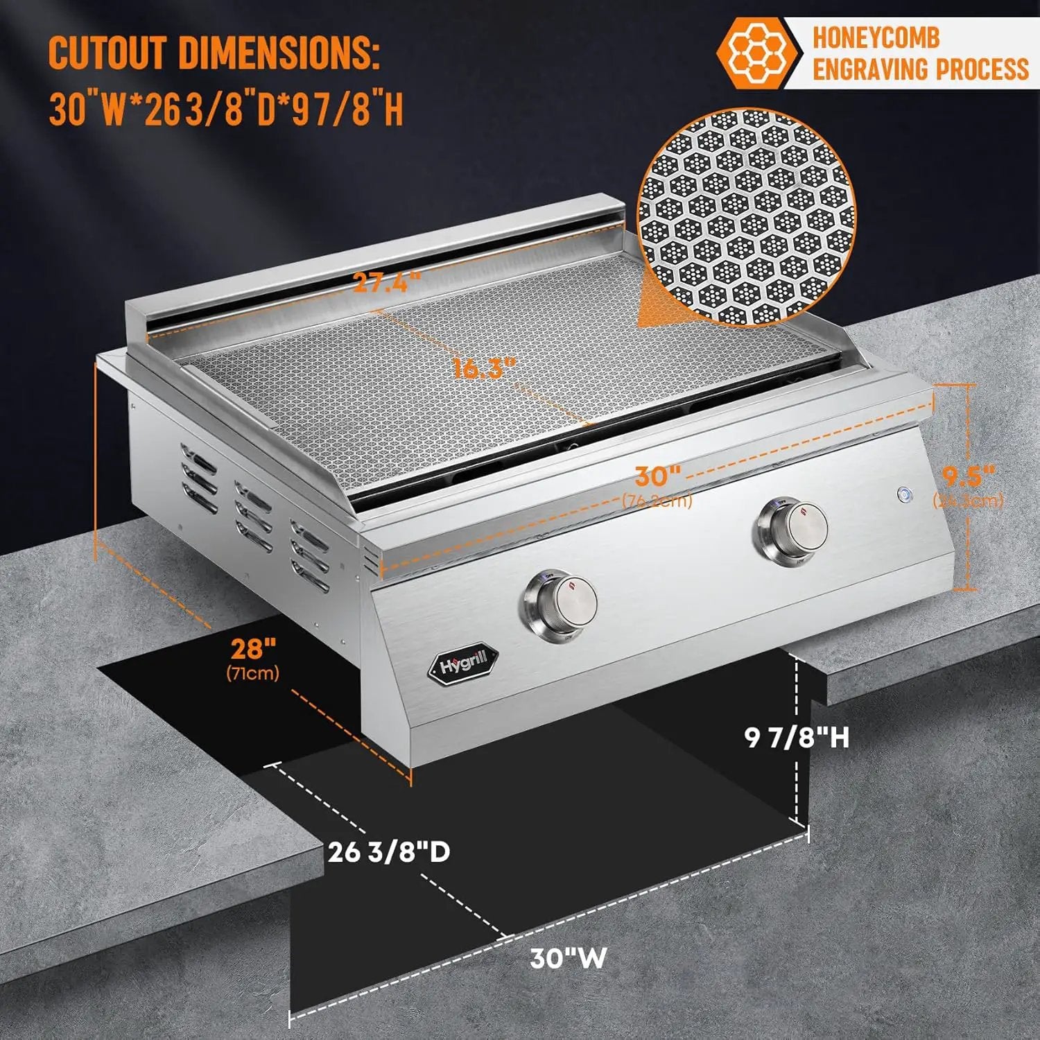 Hygrill 30-Inch Premium Built-In Natural Gas Griddle for Outdoor Kitchen, Durable 304 Stainless Steel 2-Burner Flat Top Grill with Lid and LED lights by GreenHaven Gardens