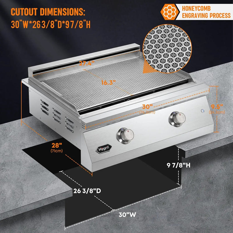 Hygrill 30-Inch Premium Built-In Natural Gas Griddle for Outdoor Kitchen, Durable 304 Stainless Steel 2-Burner Flat Top Grill with Lid and LED lights by GreenHaven Gardens
