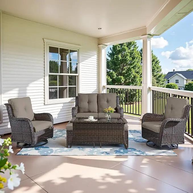 Wicker Outdoor Furniture Patio Furniture Set - 6 Piece Patio Conversation Set with Swivel Rocker Chairs, Loveseat Sofa, Ottomans and Coffee Table, Gray Cushion by GreenHaven Gardens