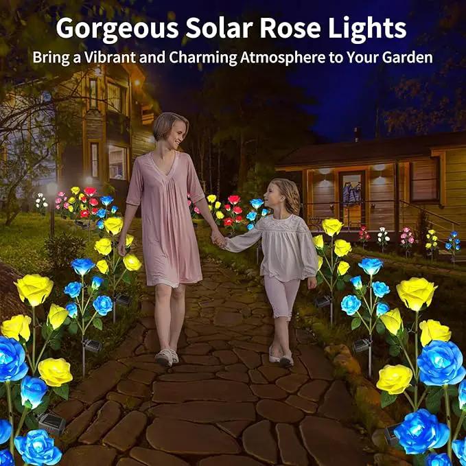 Solar Garden Lights - Realistic 20 Rose Waterproof Solar Flowers for Outside Patio Yard Pathway & Christmas Decorations, Blue & Yellow by GreenHaven Gardens