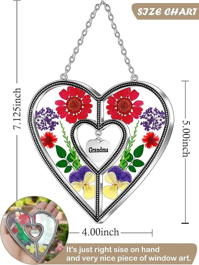 KY&BOSAM Heart Suncatchers Grandma Gift Ornament Stained Glass Sun Catcher Garden hangings Windows with Pressed Flower Heart Embedded in Glass Gifts for Grandma Mother`s Day Birthday Gifts by GreenHaven Gardens