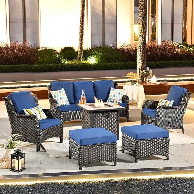 ovios 6 Pieces Patio Furniture Set with 30" Fire Pit Table, Outdoor Wicker Sofa with Ottomans, Comfy Cushions, High Back Couch Conversation Set, Brown Rattan, Navy Blue by GreenHaven Gardens