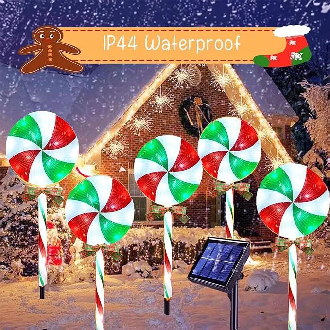 10 Packs Christmas Pathway Lollipop Lights with Bow Tie Solar Powered Outdoor Waterproof Xmas Candy Cane Path Landscape Decorative Stake Lights 2 Solar Panel + 10 Lights by GreenHaven Gardens