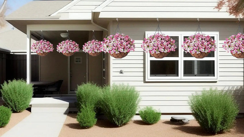 Artificial Silk Flowers Hanging Baskets Outdoors Indoors,Chrysanthemum with Eucalyptus Leaves Arrangement for Garden Yard Spring Summer Decor,Faux Plant in Metal Coconut Lining Flowerpot(Pink) by GreenHaven Gardens