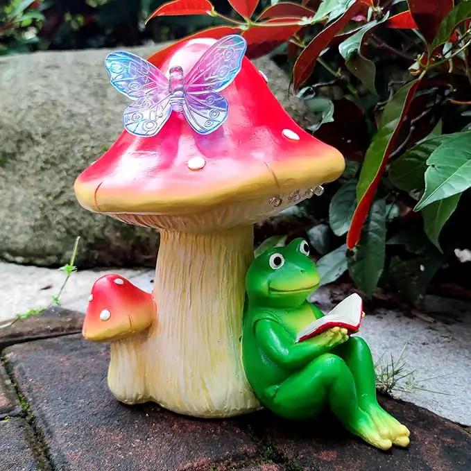Solar Frog Mushroom Garden Statues,Resin Frog Mushroom Reading a Book Figurine with LED Solar Lights, Lawn Decor Outdoor Statue for Patio,Balcony,Yard,Lawn Ornament by GreenHaven Gardens