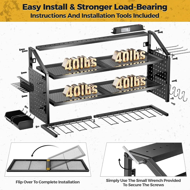 LBT Large Power Tool Organizer Wall Mount with Charging Station, 8 Drill Holder, 4 Layer Heavy Duty Metal Tool Storage Rack, 6 Power Strip, 8 Hooks, 2 Screw Boxes, Cool Gifts for Him Fathers Day by GreenHaven Gardens