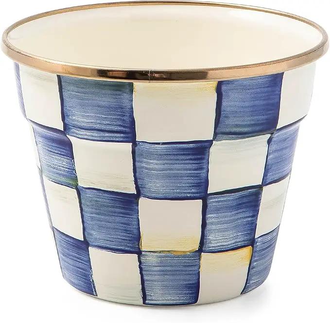 MACKENZIE-CHILDS Enamel Garden Pot, Decorative Pot for Plants, Outdoor Flowerpot Decor, Small, Blue-and-White Royal Check by GreenHaven Gardens