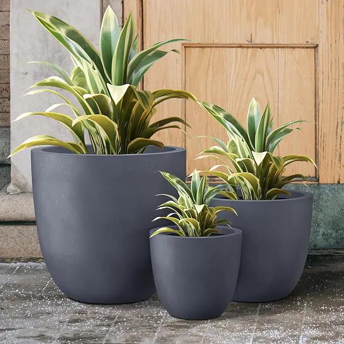 Kante 18",14",10" Dia Concrete Round Planters (Set of 3), Outdoor Indoor Large Planter Pots with Drainage Hole and Rubber Plug for Home Patio Garden, Charcoal by GreenHaven Gardens