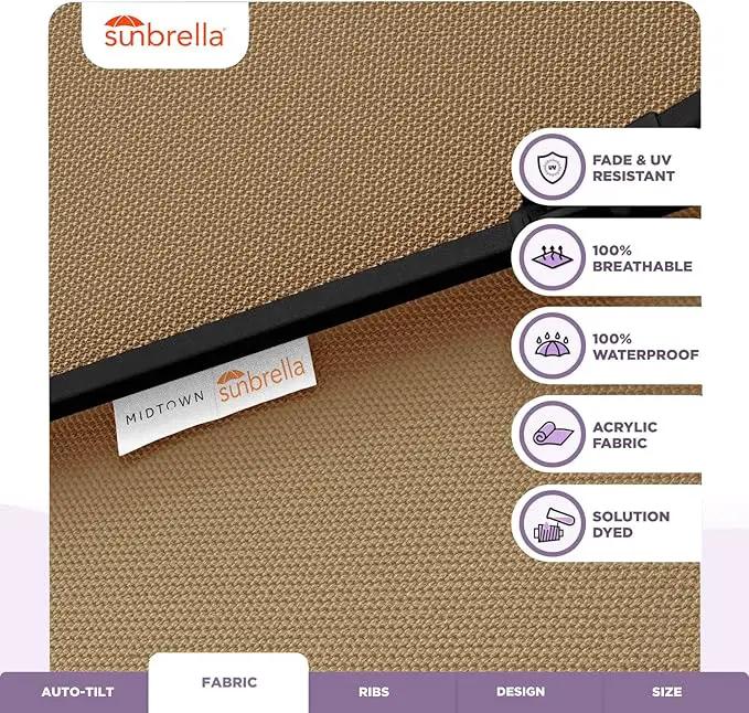 Midtown Umbrellas Sunbrella Umbrella 9 Feet Outdoor Umbrella With Heather Tan Acrylic Fabric - Auto-Tilt Aluminum Frame Patio Umbrella For Backyard, Deck, Garden, Pool - Black Pole by GreenHaven Gardens