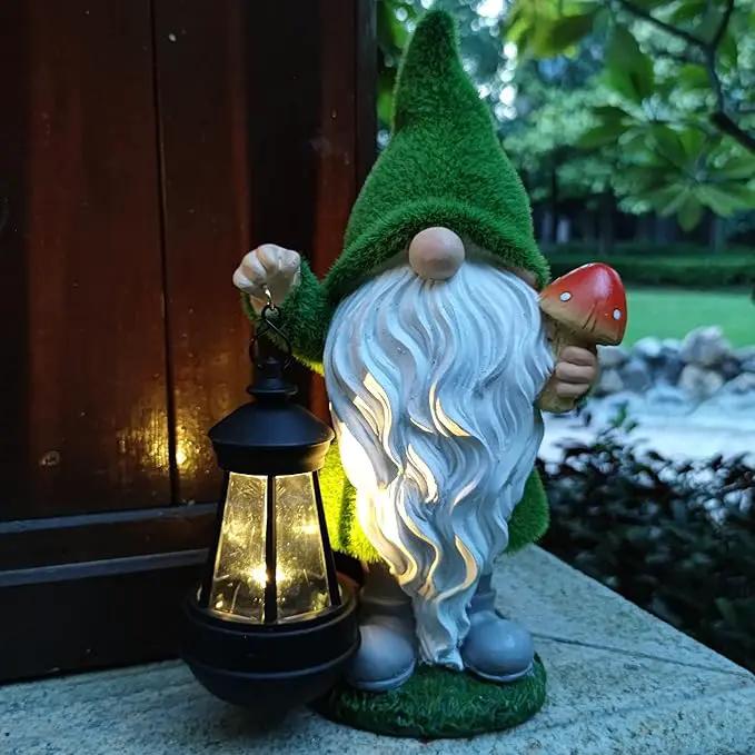 Solar Gnomes Garden Statues,Resin Gnome Figurine Holding Mushroom and Solar Lights Lantern,Outdoor Yard Art Decorations for Garden Patio Lawn by GreenHaven Gardens