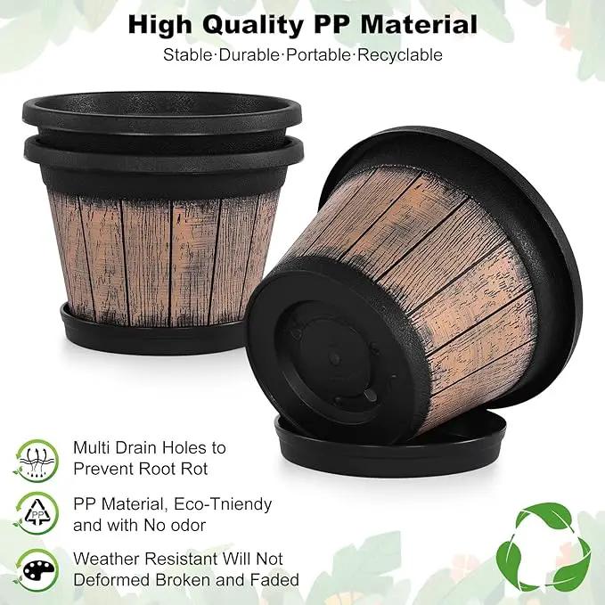 Quarut Plant Pots Set of 3 Pack 9 inch,Whiskey Barrel Planters with Drainage Holes & Saucer.Plastic Decor Flower Pots Imitation Wine Barrel Design,for Indoor & Outdoor Garden Home Plants (Brown) by GreenHaven Gardens