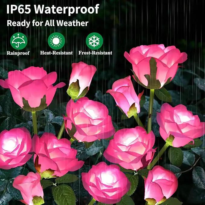 Solar Garden Lights - Realistic 10 Rose Waterproof Solar Powered Flowers for Outside Patio Yard Pathway Decorations, 2 Pack Pink by GreenHaven Gardens