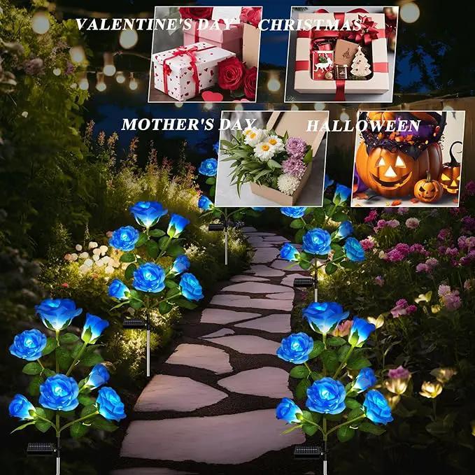 DWH 2 Pack Solar Garden Lights Outdoor, 7-Flower Rose LED Stake Light for Yard Patio Pathway Lawn Fence Cemetery, Blue by GreenHaven Gardens