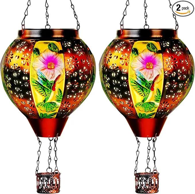 2 Pcs Hummingbird Solar Hot Air Balloon Lantern with Flame, Hot Air Balloon Decorations for Yard Porch Decor, Glass Large Hanging Outdoor Decor, Solar Lantern Waterproof, Hummingbird Gardening Gifts by GreenHaven Gardens
