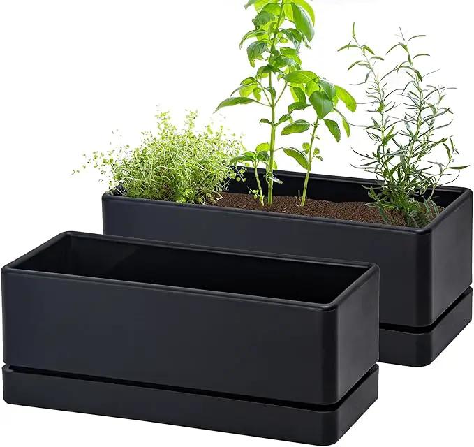 D'vine Dev 12 Inch Window Box Planter, Rectangle Plastic Herb Planter with Drainage Holes and Saucer, Indoor Succulent Cactus Vegetable Pot for Windowsill, Garden Balcony, Black, Set of 2, 76-X-B-2 by GreenHaven Gardens