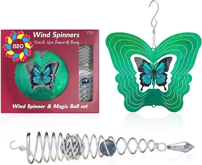 ISEO Butterfly Wind Spinner and Gazing Ball Set, Metal Wind Spinner Garden Decor, Hanging Garden Decorations, Weather-Resistant Outdoor Wind Spinners, 6.5" Spinner Garden Décor by GreenHaven Gardens