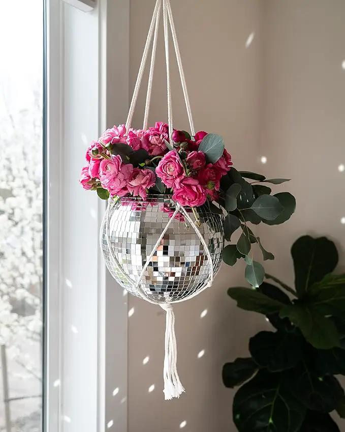 Hanging Disco Ball Planter 8" - with Acrylic Stand and Macrame Plant Hanger - Home Décor, Room Décor, Mirror Disco Planter, Disco Decor (10" with Base) by GreenHaven Gardens