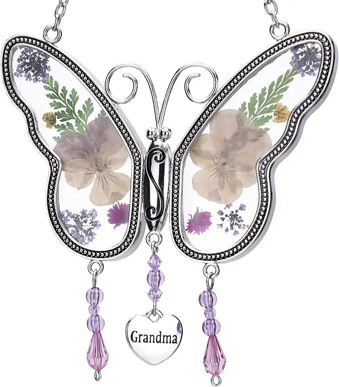 Laraine Butterfly Suncatcher with Pressed Colourful Flower Wings Mom Mother's Day Butterfly Glass Wind Chime Ornament Charm with Metal Heart Gifts for Mom Grandma Birthday (Yellow Grandma) by GreenHaven Gardens