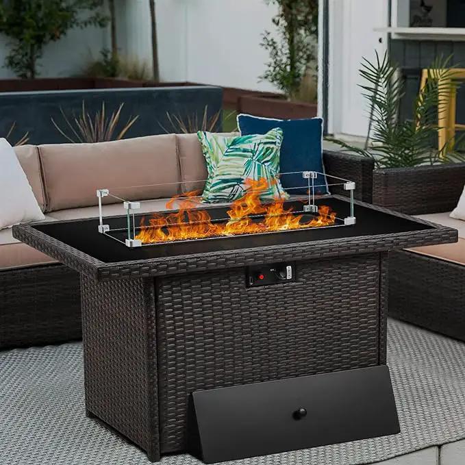 Propane Fire Pit Table,44 Inch 55000 BTU Outdoor Gas Fire Pit Rectangular with Glass Wind Guard for Outside Patio Deck (Brown-Glass Top) by GreenHaven Gardens