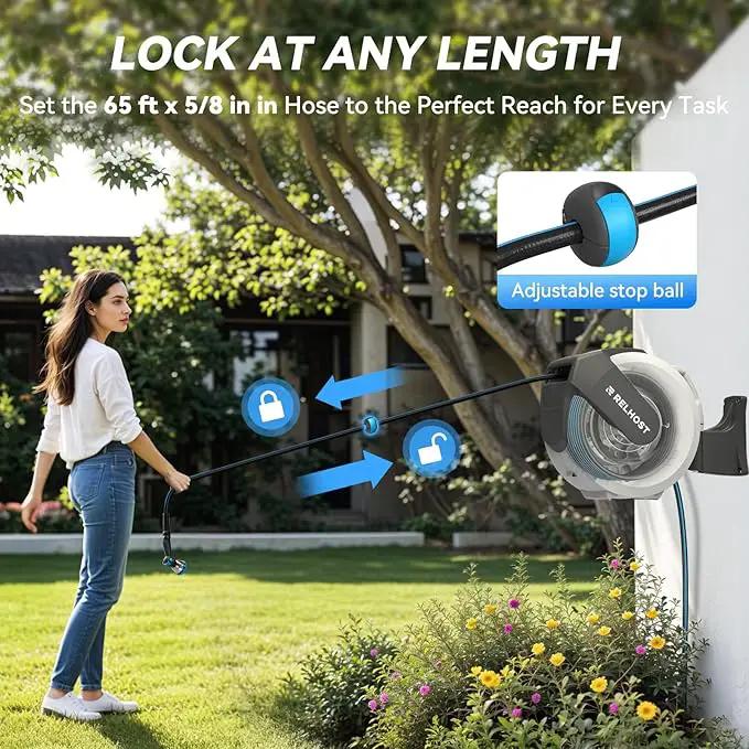 Retractable Garden Hose Reel 65 ft x 5/8 in, Heavy Duty Hose Reel Wall Mount with Any Length Lock, Auto Rewind System, 180° Swivel Bracket, 10-Pattern Garden Hose Nozzle, White & Grey by GreenHaven Gardens