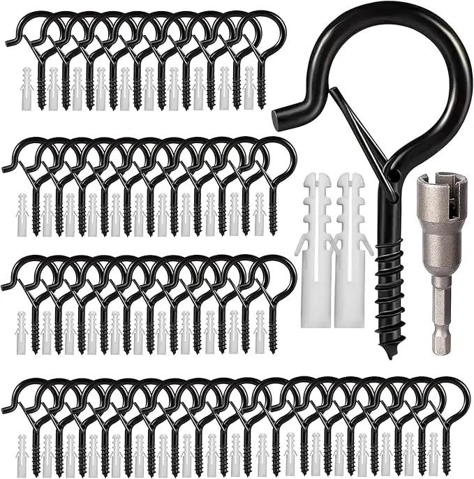 Hooks for Outdoor String Lights, 52 Pack Screw Hooks for Hanging Plants Led Party Lights Garage Wind Chimes, Black Heavy Duty Q Hanger Ceiling with Safety Buckle, Box and Wing Nut Driver by GreenHaven Gardens