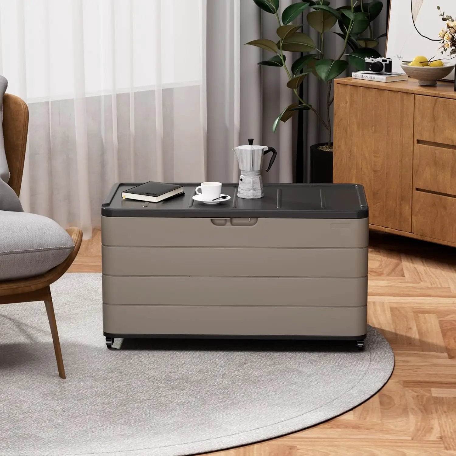 100GAL Brown Wicker-Textured Deck Box with Wheels – Lockable, Waterproof, UV-Resistant, Spacious Storage for Patio & Garden Supplies, Easy Handling by GreenHaven Gardens
