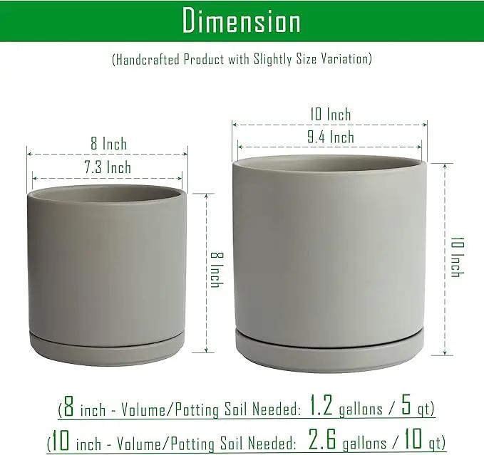 D'vine Dev 8 Inch & 10 Inch Ceramic Planter Pot for Plants with Drainage Hole and Saucer, Large Plant Pots Set, Grey, 94-G-L-3 by GreenHaven Gardens