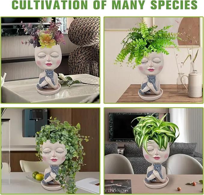 Face Plant Pots Head Planters - Face Flower Pot Head Planter with Cat, Succulent Pots with Drainage Hole, Resin Lady Planter for Indoor Outdoor, Home Decor, Mother's Day/Women Gifts by GreenHaven Gardens